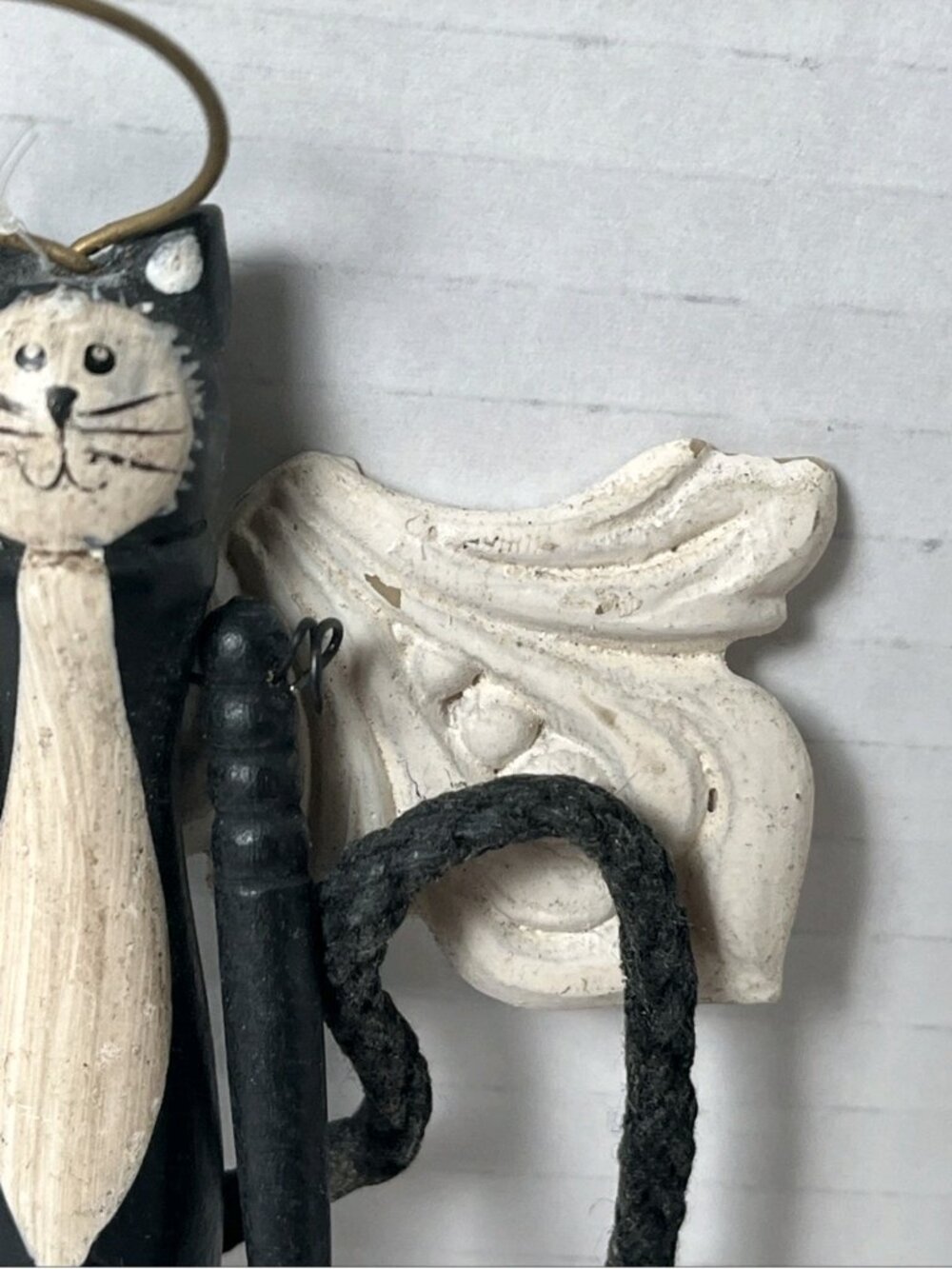 Primitive Black Cat Angel Ornament Jointed Wood Folk Art Christmas Decor - Picture 4 of 10